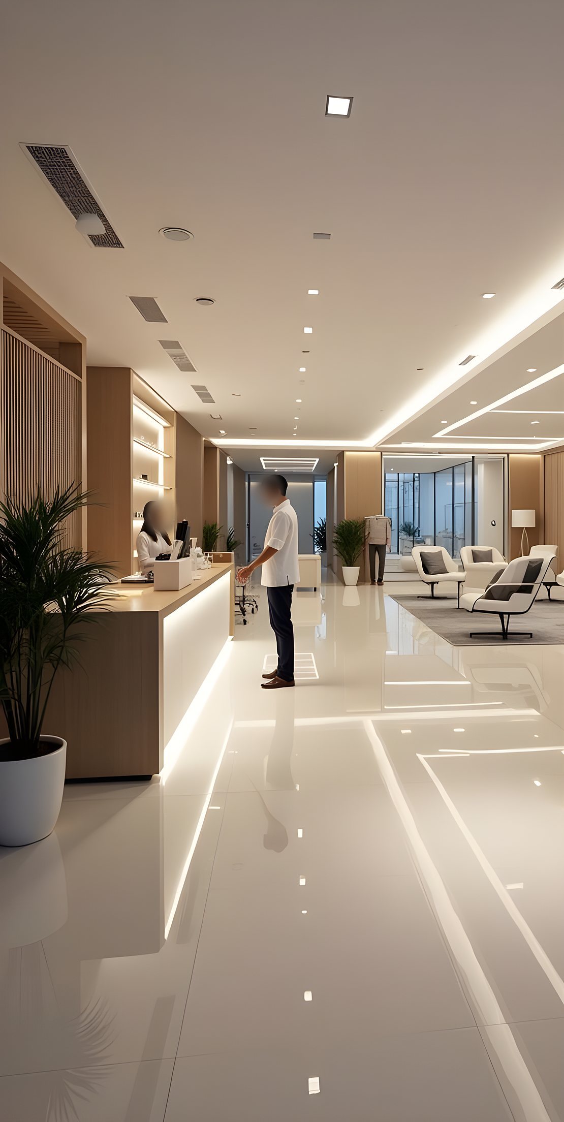 A bright, modern clinic with reception staff greeting a visitor
