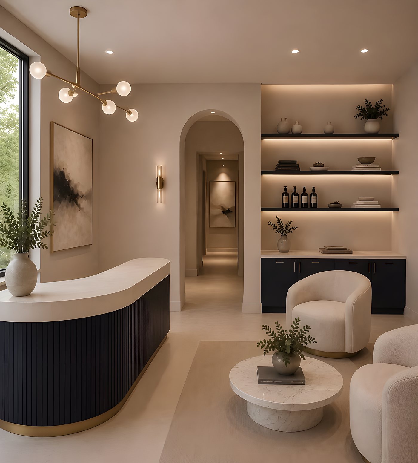A calm clinic reception with a curved front desk and lounge seating